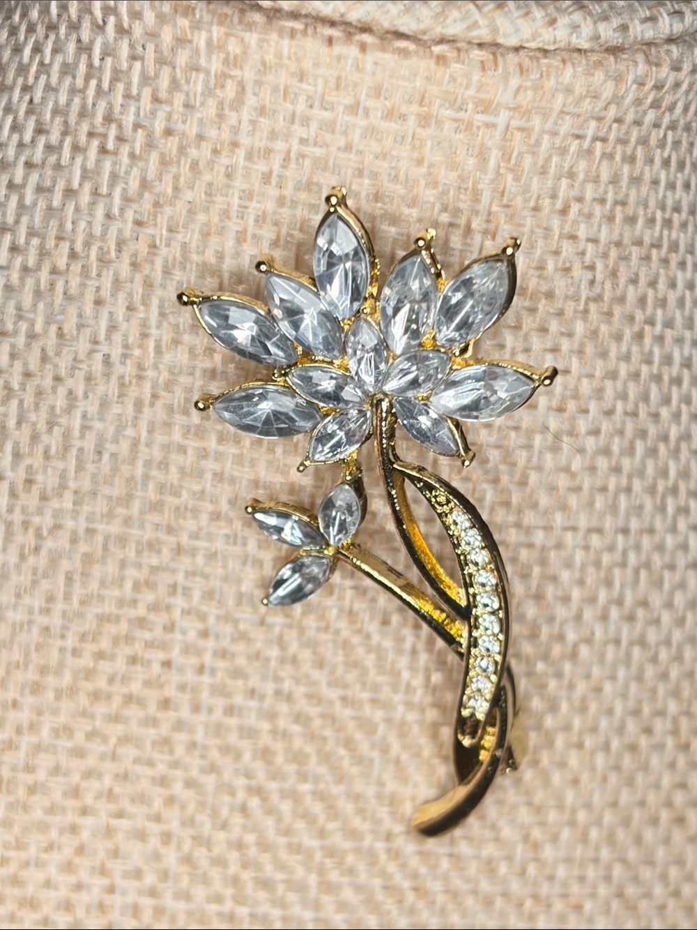 Gold Floral Crystal Brooch - Clear/White Flower Pin